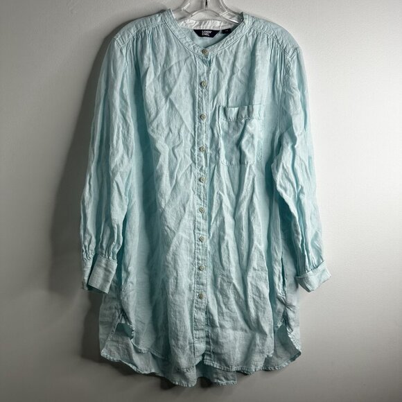 Lands End Shirt Dress Womens 1X Blue Linen Tunic Button Front Pockets Coastal - Picture 1 of 11